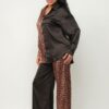 Satin Half-Animal Print Top & Wide-Leg Pants Set