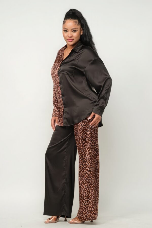 Satin Half-Animal Print Top & Wide-Leg Pants Set