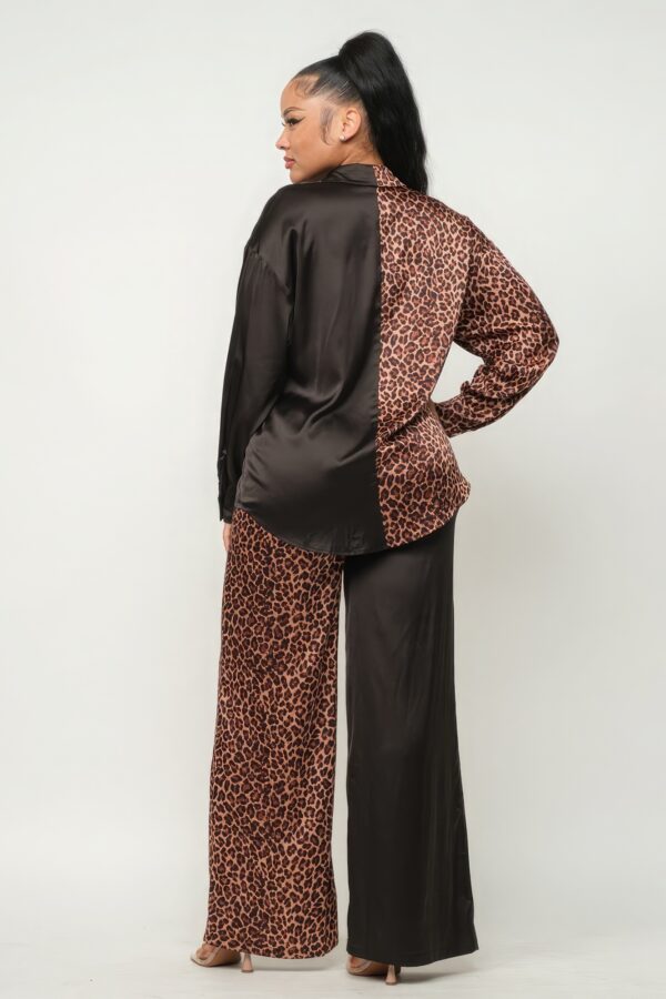Satin Half-Animal Print Top & Wide-Leg Pants Set