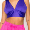 Cropped Smock V-Neck Satin Bra Top – Purple