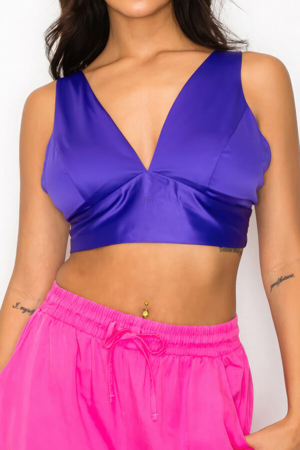 Cropped Smock V-Neck Satin Bra Top – Purple