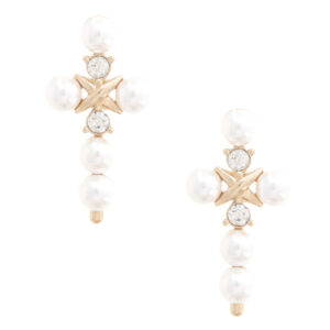 Pearl Cross Dangle Earrings – Gold Finish