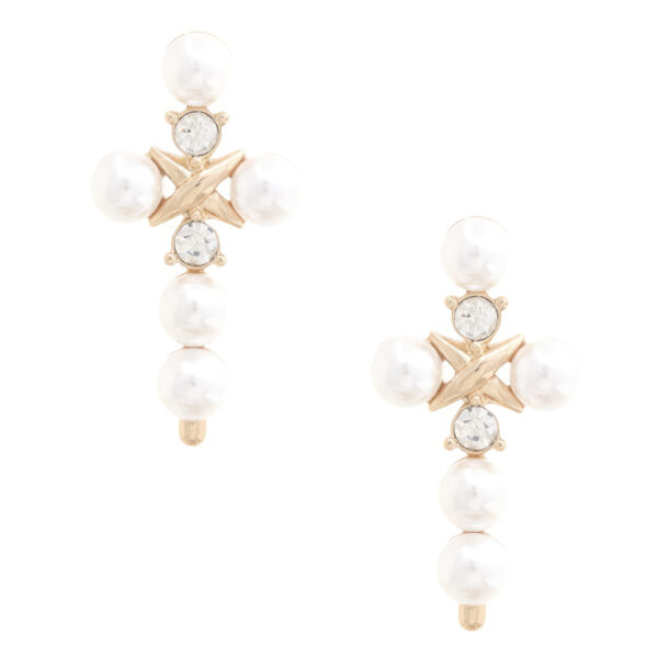 Pearl Cross Dangle Earrings – Gold Finish