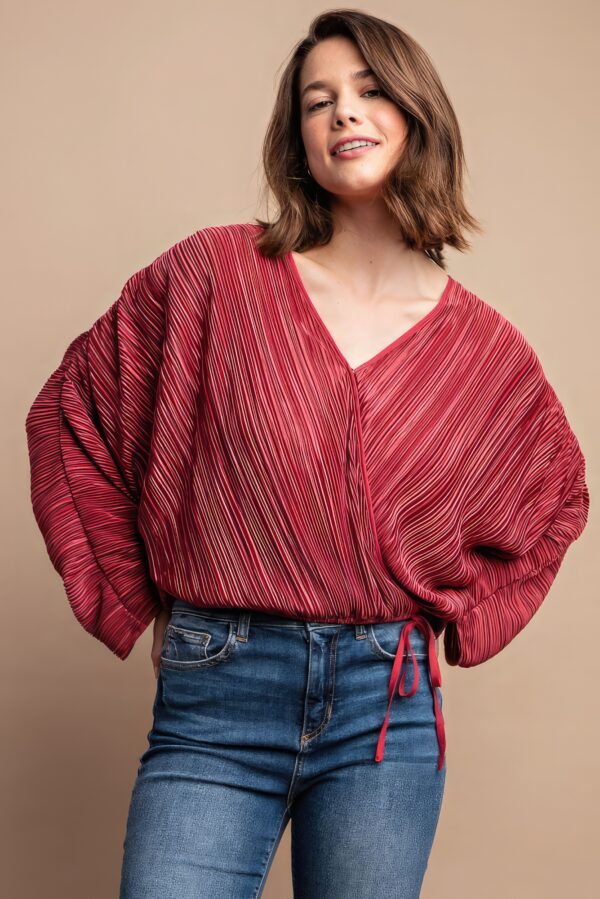 Satin Pleated Drawstring Top with Snap Button – Burgundy