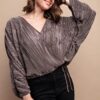 Satin Pleated Drawstring Top with Snap Button – Mocha