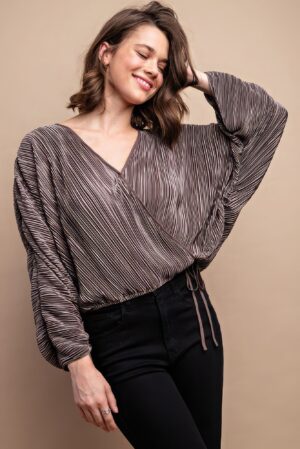 Satin Pleated Drawstring Top with Snap Button – Mocha
