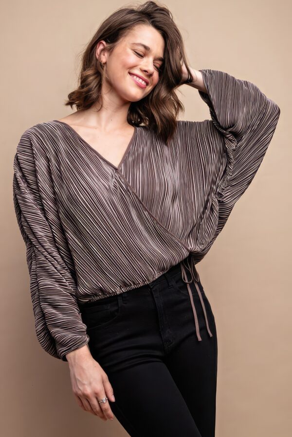 Satin Pleated Drawstring Top with Snap Button – Mocha