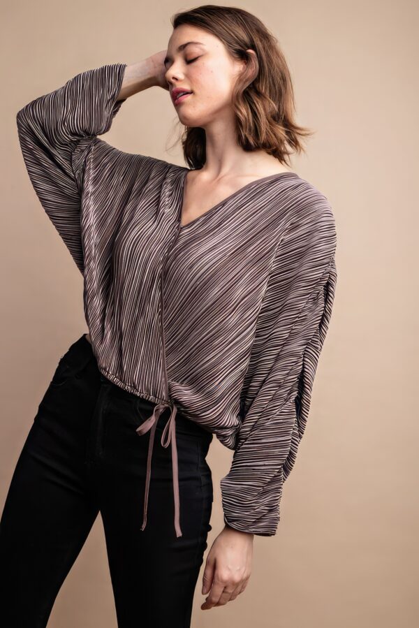 Satin Pleated Drawstring Top with Snap Button – Mocha