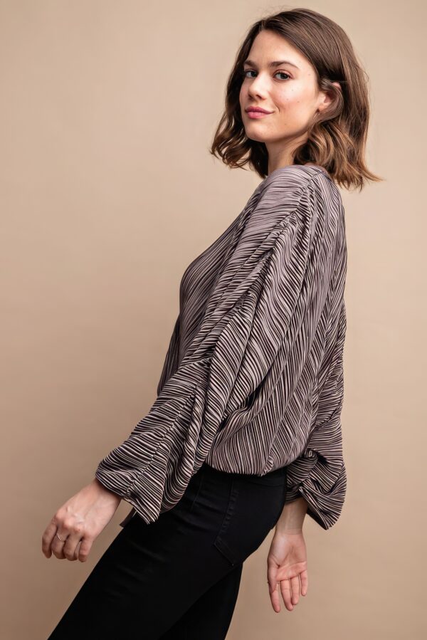 Satin Pleated Drawstring Top with Snap Button – Mocha