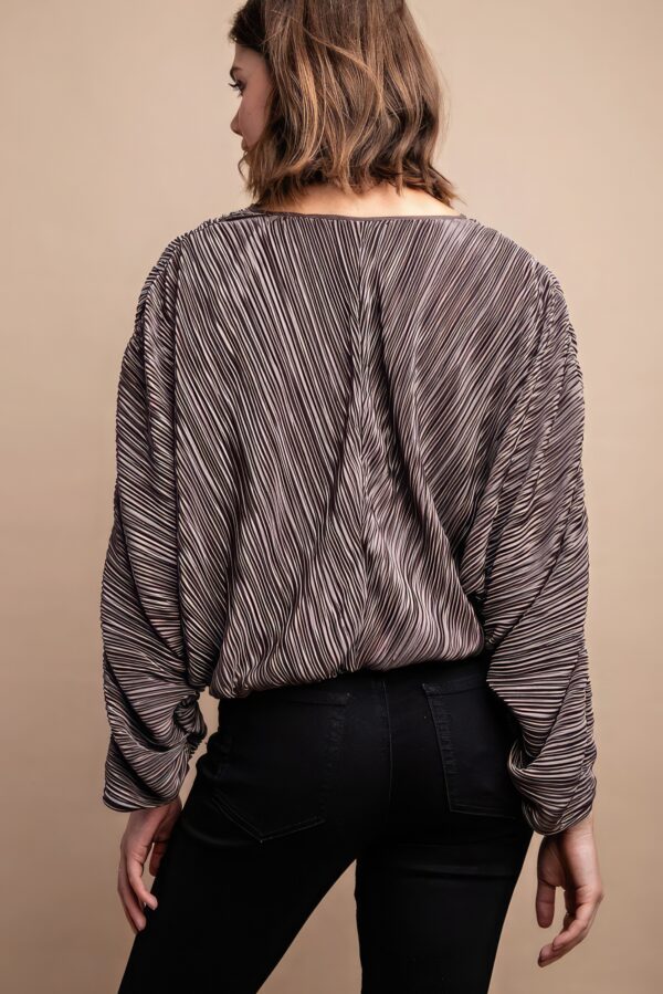 Satin Pleated Drawstring Top with Snap Button – Mocha