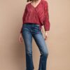 Satin Pleated Drawstring Top with Snap Button – Burgundy
