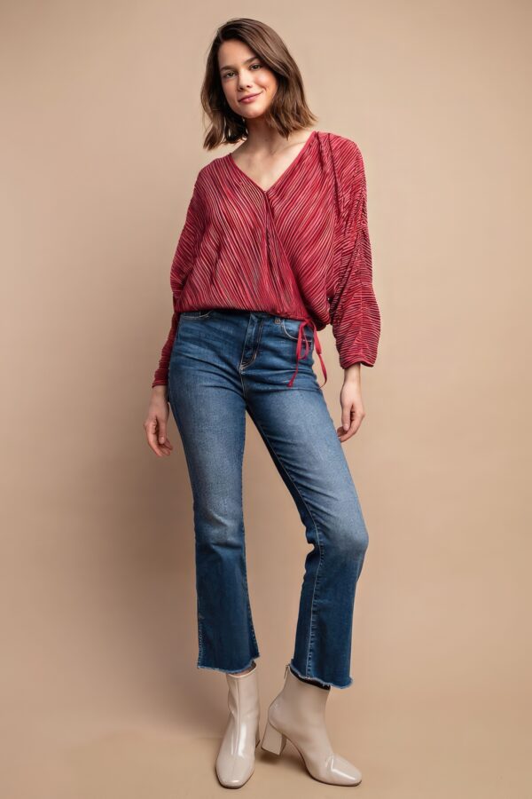 Satin Pleated Drawstring Top with Snap Button – Burgundy