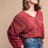 Satin Pleated Drawstring Top with Snap Button – Burgundy