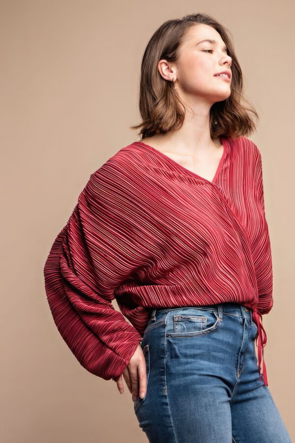 Satin Pleated Drawstring Top with Snap Button – Burgundy