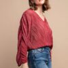 Satin Pleated Drawstring Top with Snap Button – Burgundy