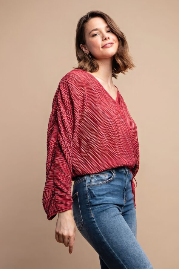 Satin Pleated Drawstring Top with Snap Button – Burgundy