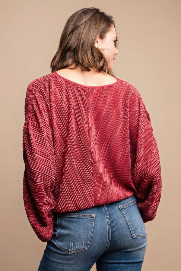Satin Pleated Drawstring Top with Snap Button – Burgundy