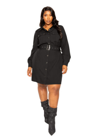 Satin-Effect Belted Jacket Dress – Black