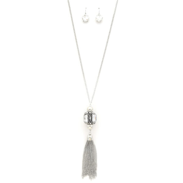 Cube Rhinestone Tassel Necklace – Silver