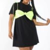 Plus Size Matte PU Bra-Overlay T-Shirt Dress – Black/Lime