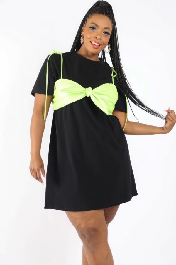 Plus Size Matte PU Bra-Overlay T-Shirt Dress – Black/Lime