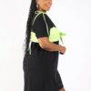 Plus Size Matte PU Bra-Overlay T-Shirt Dress – Black/Lime