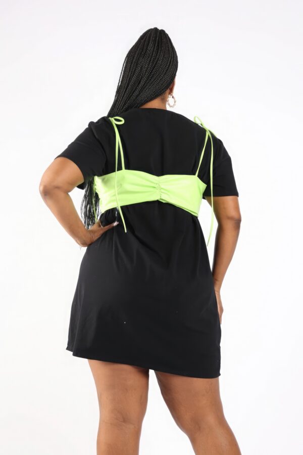 Plus Size Matte PU Bra-Overlay T-Shirt Dress – Black/Lime