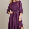 Satin Embroidered Midi Dress – Round Neck, Purple