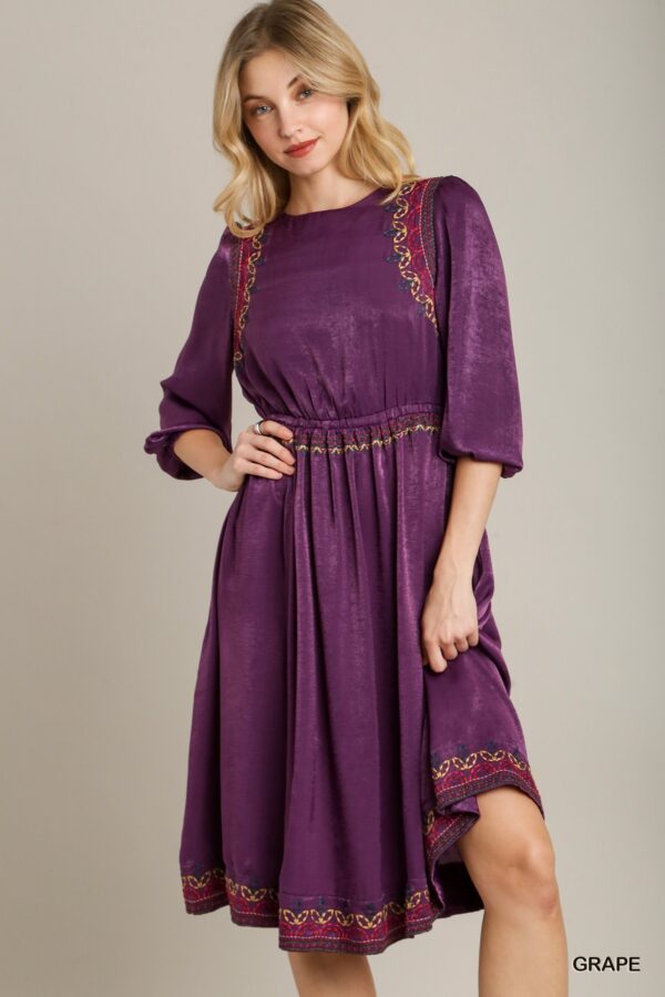 Satin Embroidered Midi Dress – Round Neck, Purple