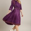 Satin Embroidered Midi Dress – Round Neck, Purple