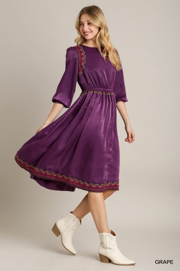 Satin Embroidered Midi Dress – Round Neck, Purple