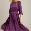 Satin Embroidered Midi Dress – Round Neck, Purple