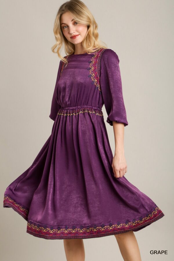 Satin Embroidered Midi Dress – Round Neck, Purple