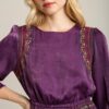 Satin Embroidered Midi Dress – Round Neck, Purple