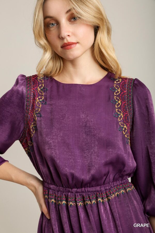 Satin Embroidered Midi Dress – Round Neck, Purple