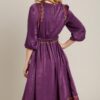 Satin Embroidered Midi Dress – Round Neck, Purple