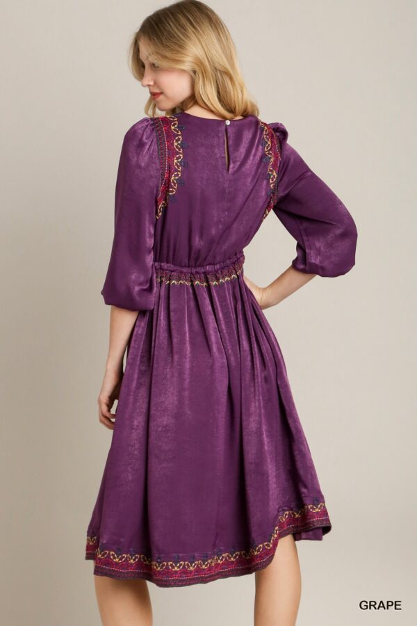 Satin Embroidered Midi Dress – Round Neck, Purple
