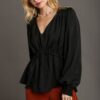 Satin V-Neck Ruffle Baby Doll Top – Black
