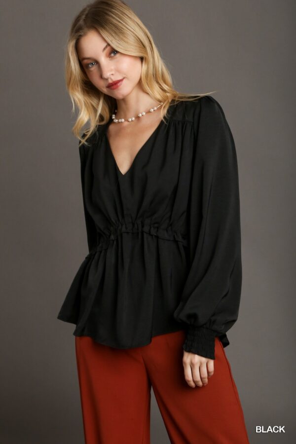 Satin V-Neck Ruffle Baby Doll Top – Black