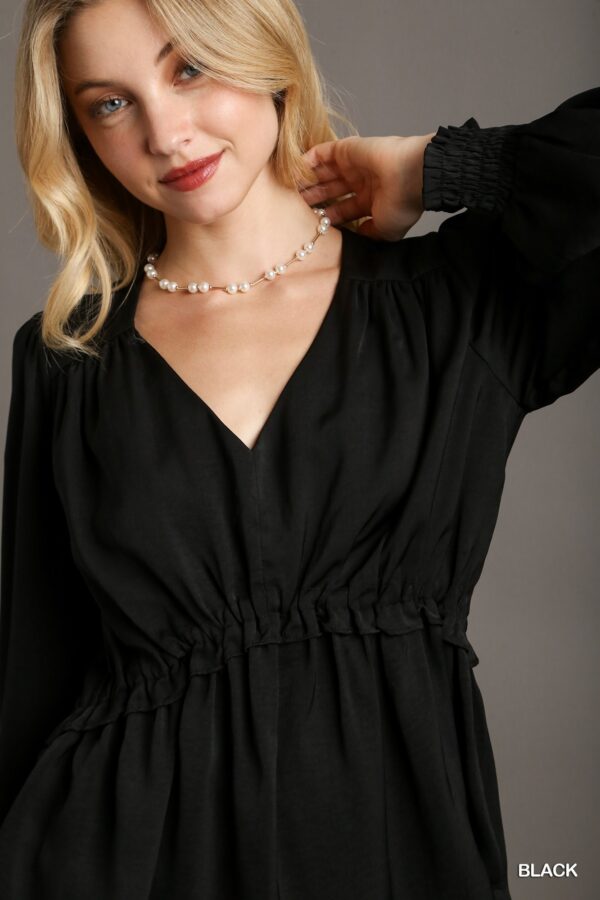Satin V-Neck Ruffle Baby Doll Top – Black