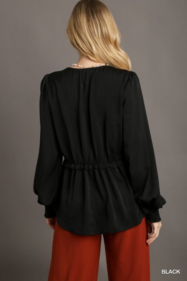 Satin V-Neck Ruffle Baby Doll Top – Black