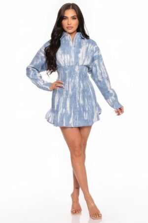 Tie Dye Mini Dress with Ruched Front Buttons – Blue