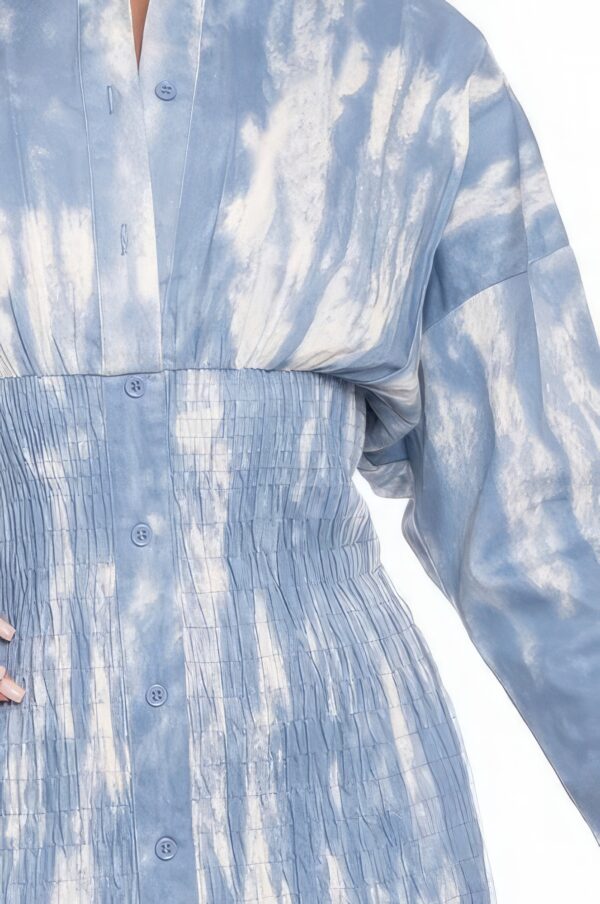 Tie Dye Mini Dress with Ruched Front Buttons – Blue