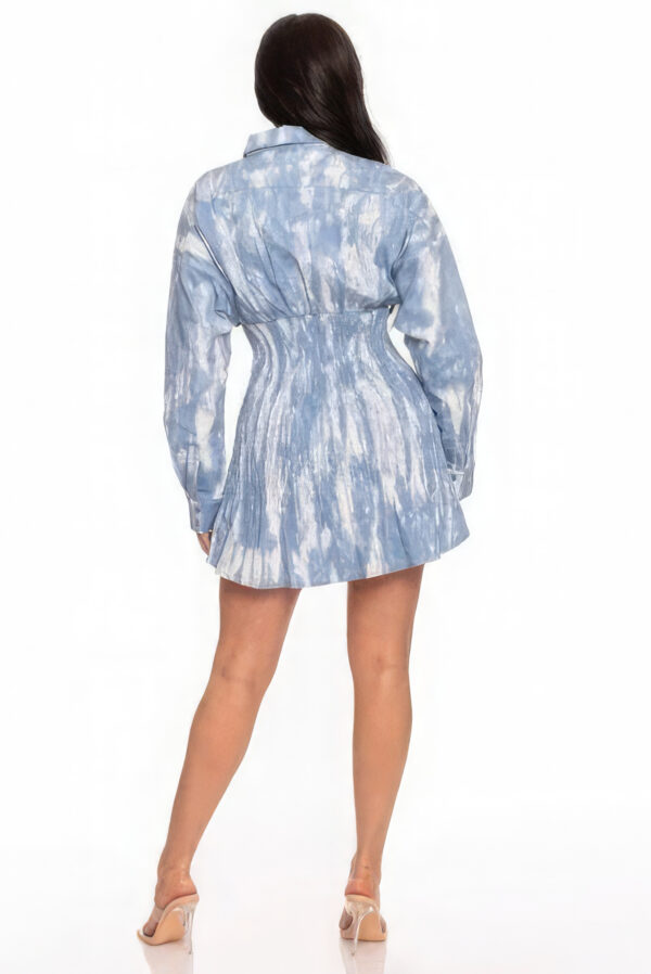 Tie Dye Mini Dress with Ruched Front Buttons – Blue