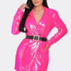 Pearl-Belted Sequin Blazer Mini Dress – Hot Pink