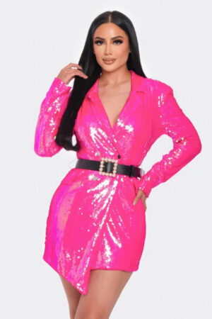 Pearl-Belted Sequin Blazer Mini Dress – Hot Pink