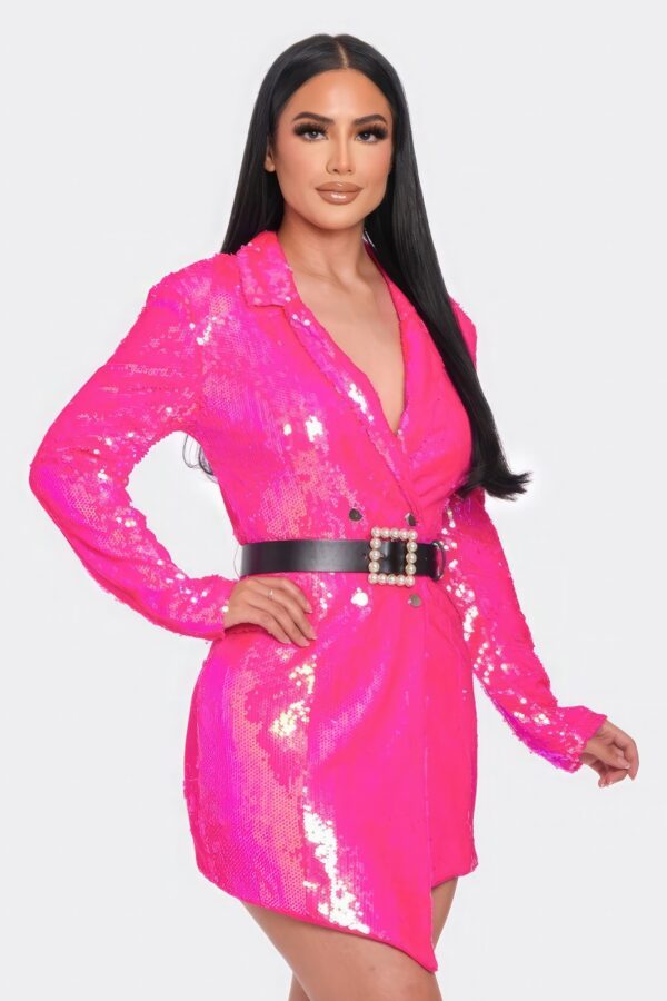 Pearl-Belted Sequin Blazer Mini Dress – Hot Pink