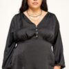 Plus Size Satin Babydoll Blouse with Back Tie – Black