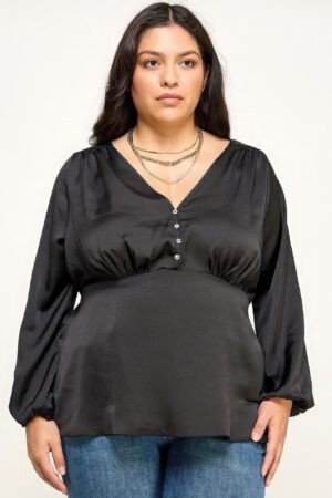 Plus Size Satin Babydoll Blouse with Back Tie – Black
