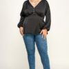 Plus Size Satin Babydoll Blouse with Back Tie – Black